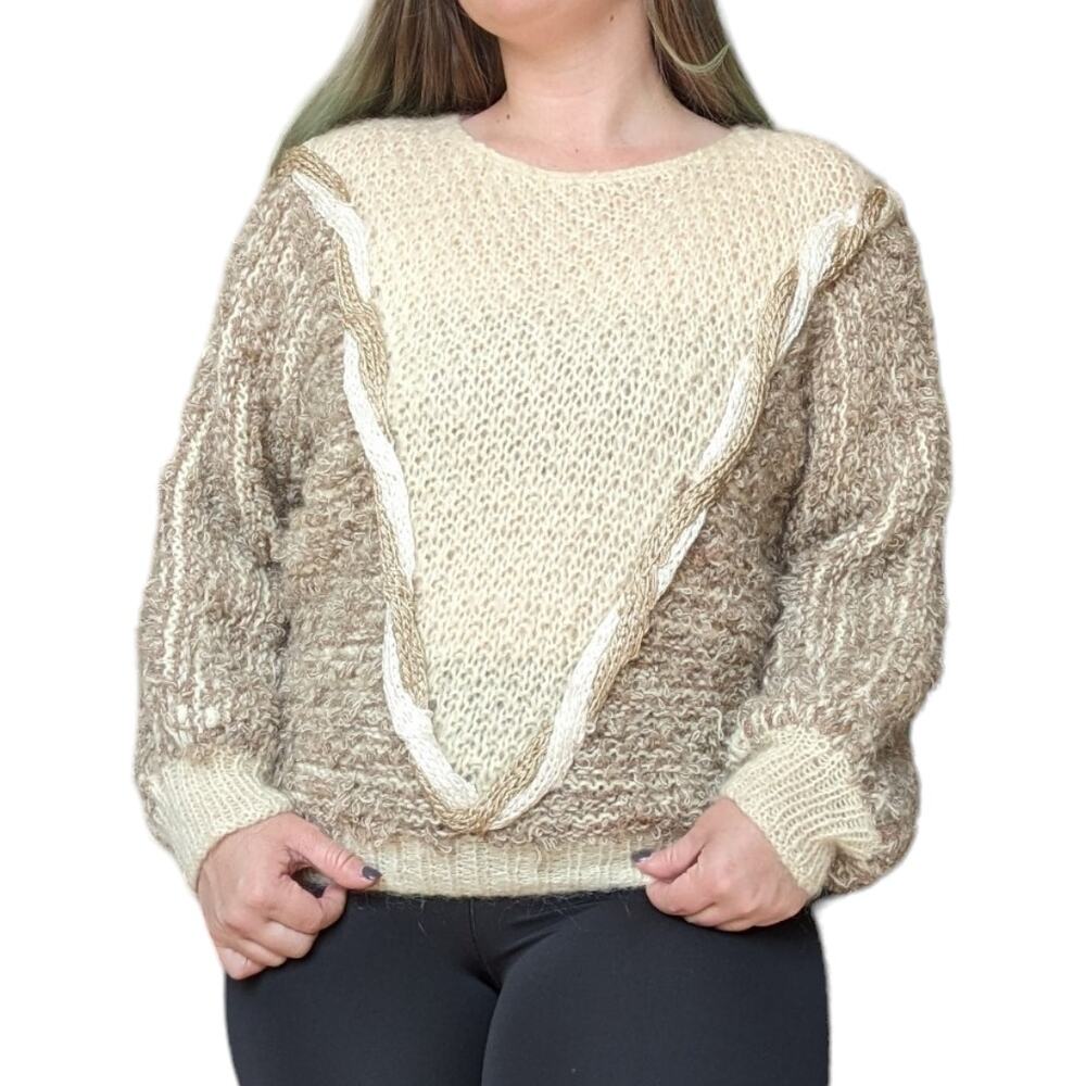 Vintage 70s Mohair Wool Knit Sweater Tan Beige Long Sleeve Womens Large Winter